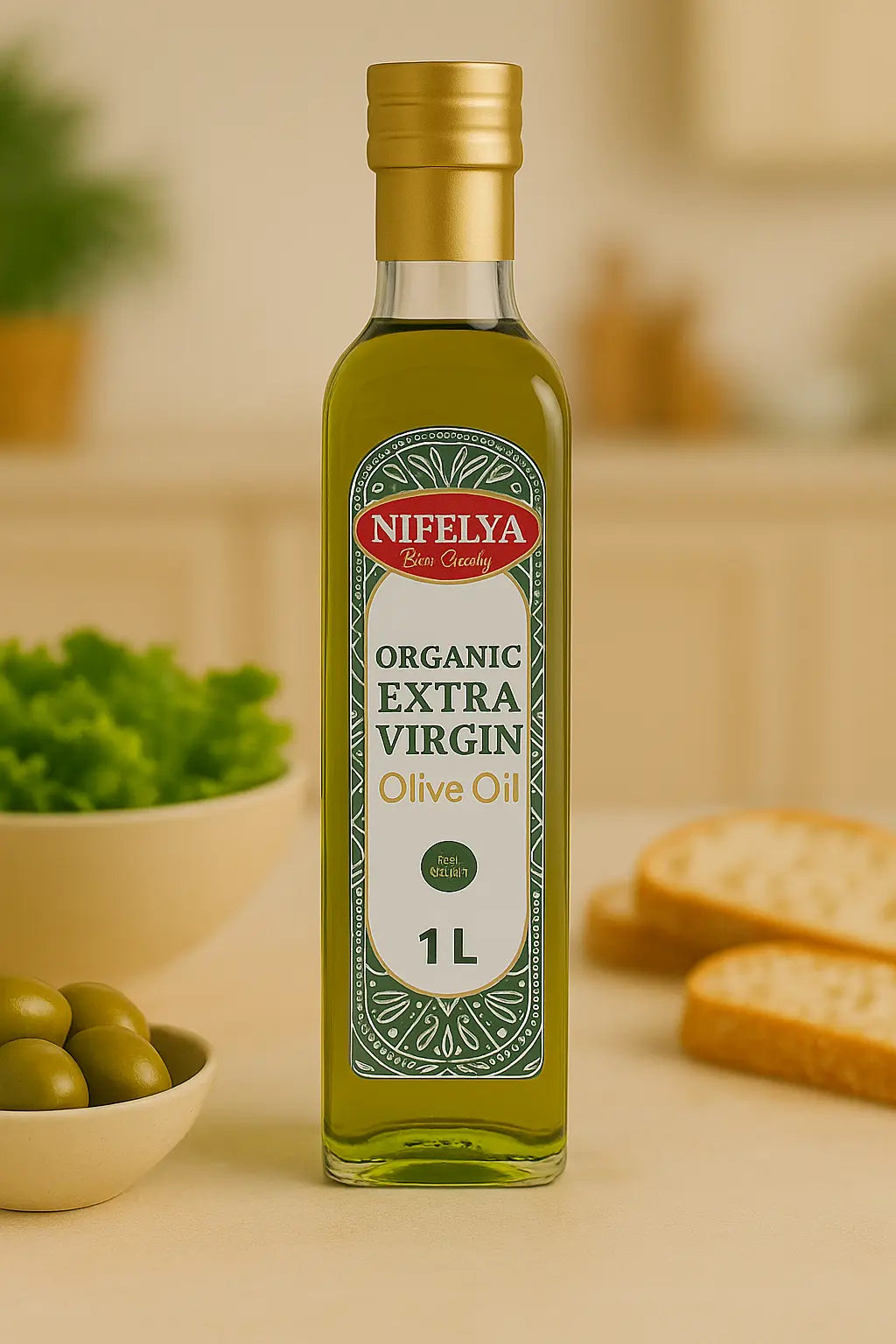 NIFELYA Bio Extra Virgin Olivenöl 1 l – kaltgepresstes Olivenöl in hochwertiger Glasflasche, arrangiert mit frischen Oliven und Brot vor hellem Hintergrund.