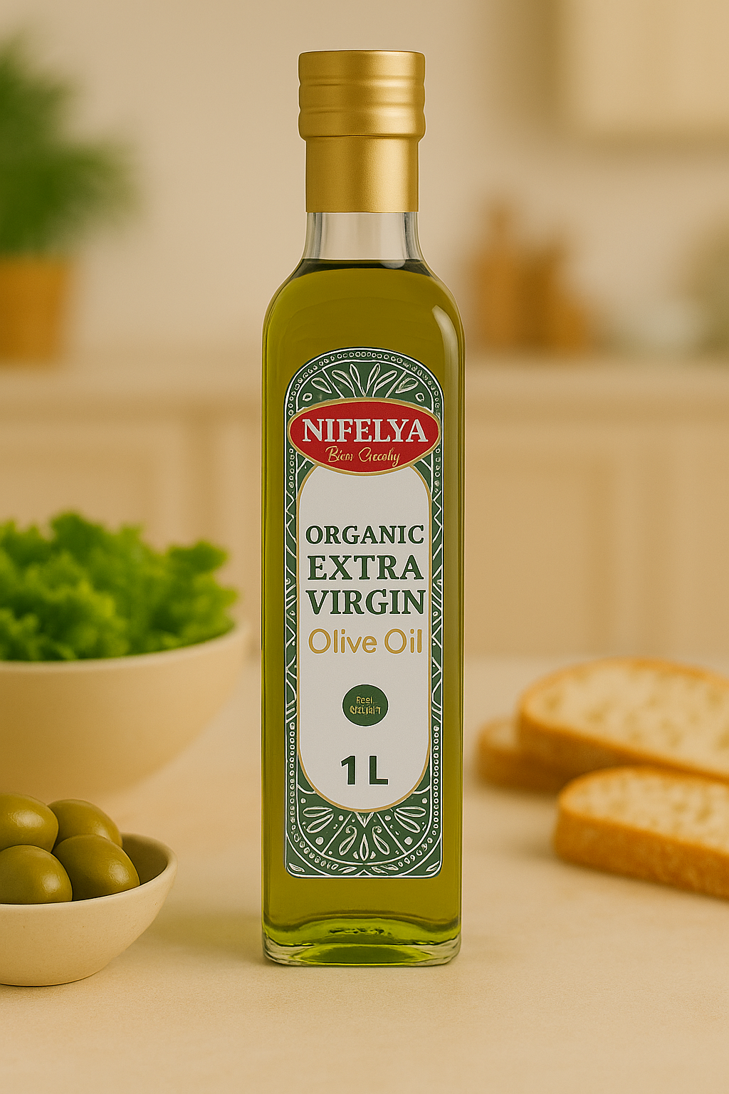 NIFELYA Bio Extra Virgin Olivenöl 1 Liter Flasche, hochwertig präsentiert auf hellem Untergrund mit gesunden Zutaten im Hintergrund.