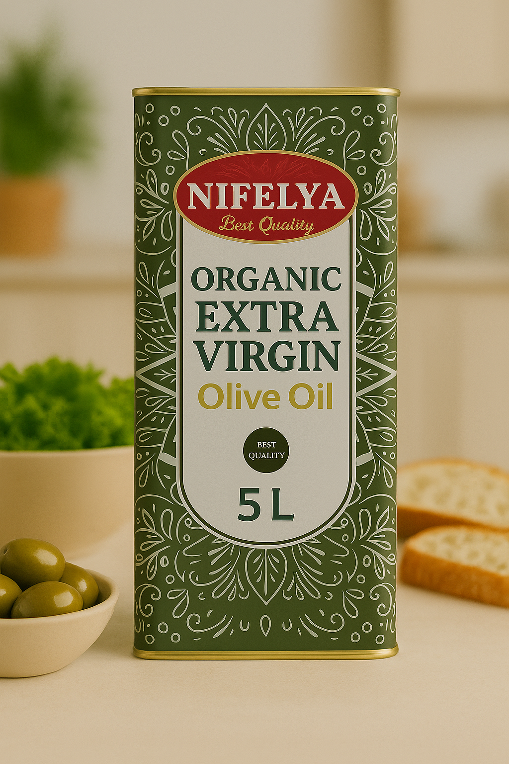 NIFELYA Bio Extra Virgin Olivenöl 5 Liter Kanister, elegante Produktpräsentation auf neutralem Hintergrund mit frischen Oliven.