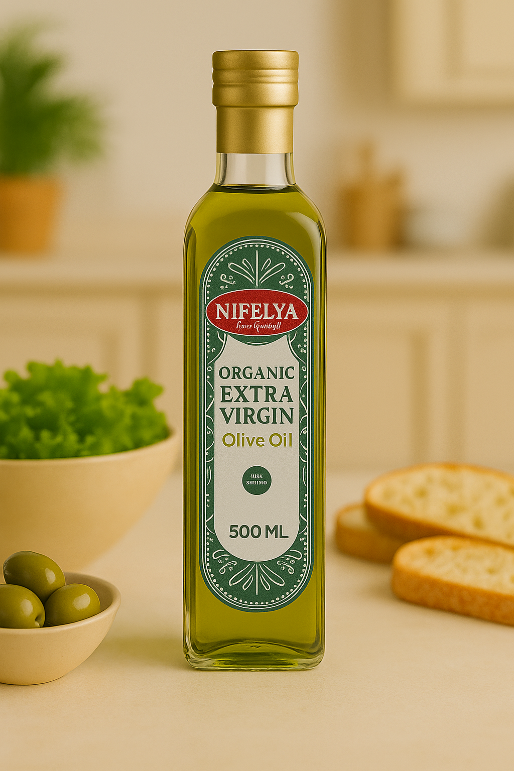 NIFELYA Bio Extra Virgin Olivenöl 500 ml Flasche auf hellem Hintergrund mit Oliven und Brot als natürliche Begleiter