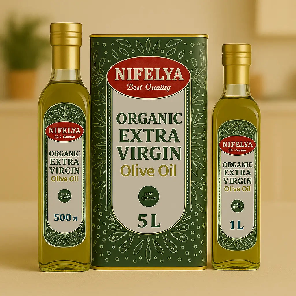 NIFELYA Bio Extra Virgin Olivenöl – kaltgepresst in 500 ml, 1 l und 5 l Glasflaschen & Dose, hochwertig arrangiert vor hellem Hintergrund, ideal zur Produktpräsentation.