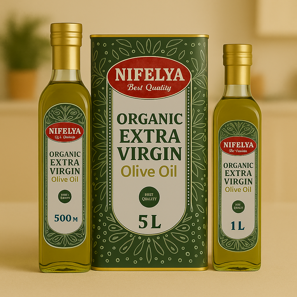 NIFELYA Bio Extra Virgin Olivenöl in 500 ml, 1 l und 5 l Flaschen und Dose, elegant arrangiert vor hellem Hintergrund für hochwertige Produktpräsentation.