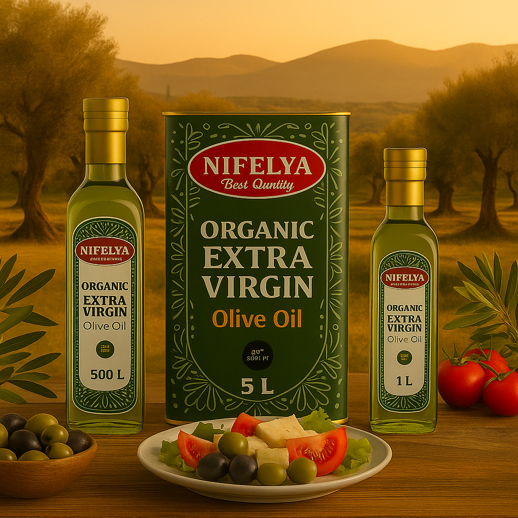 NIFELYA Bio Extra Virgin Olivenöl in 500 ml, 1 l und 5 l Verpackungen, präsentiert auf einem rustikalen Holztisch vor mediterraner Landschaft mit Olivenbäumen, frischem Salat, Oliven und Tomaten bei Sonnenuntergang
