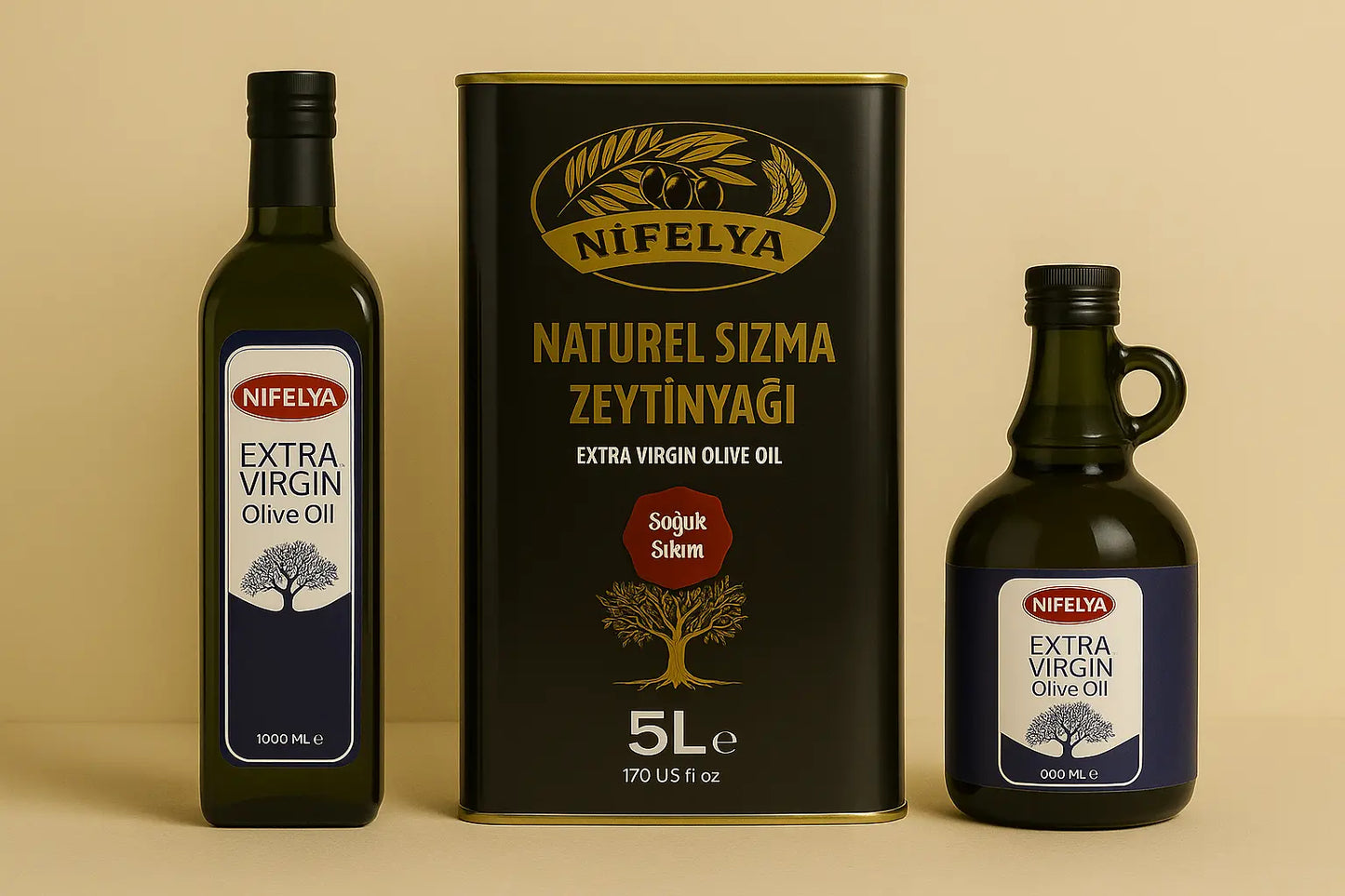Produktset von Nifelya Extra Virgin Olivenöl mit 1-Liter-Flasche, bauchiger 500-ml-Flasche und 5-Liter-Kanister vor beigem Hintergrund