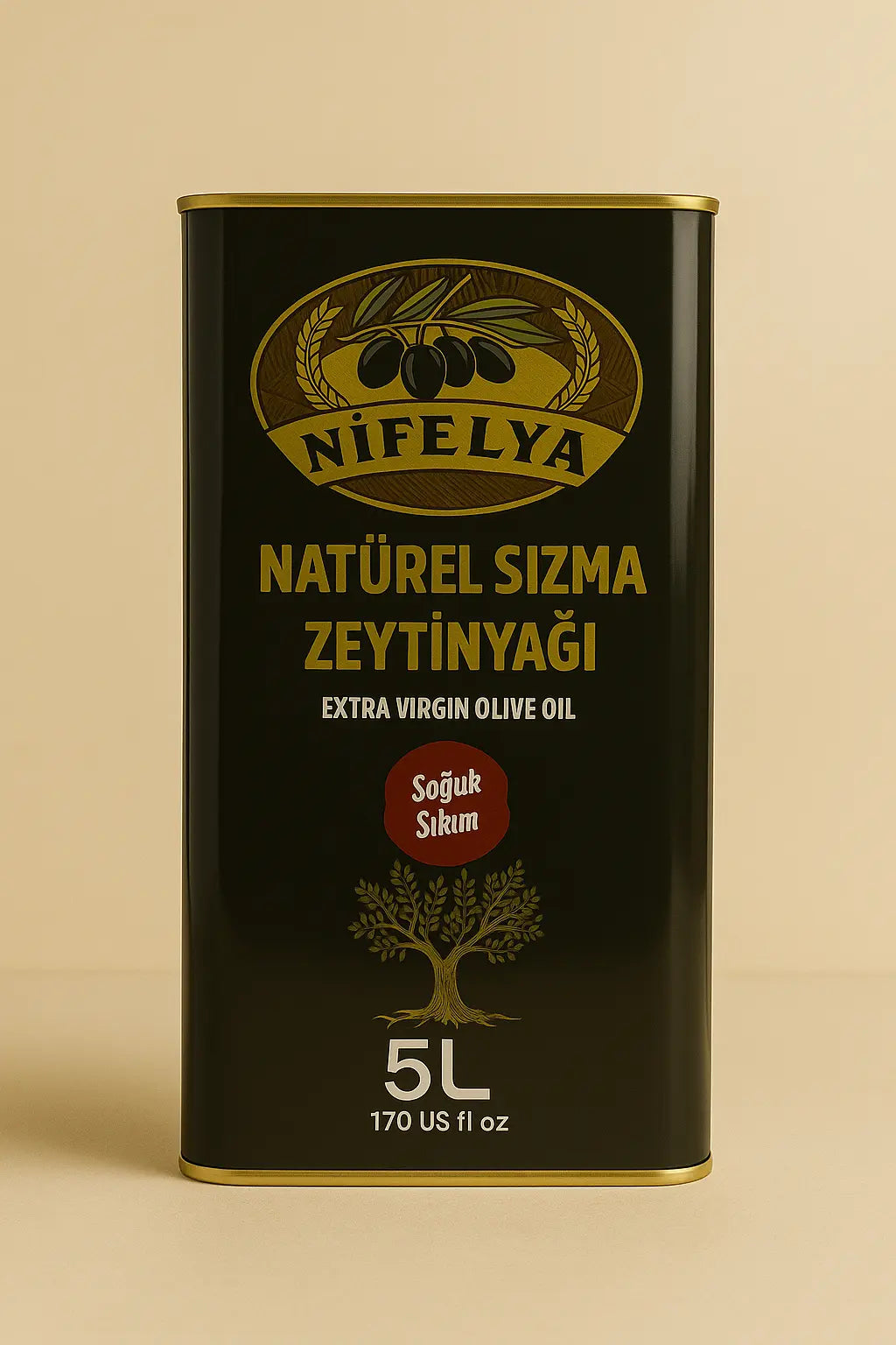 Nifelya Extra Virgin Olivenöl 5 L – kaltgepresstes natives Olivenöl aus der Türkei im schwarzen Metallkanister auf beigem Hintergrund.