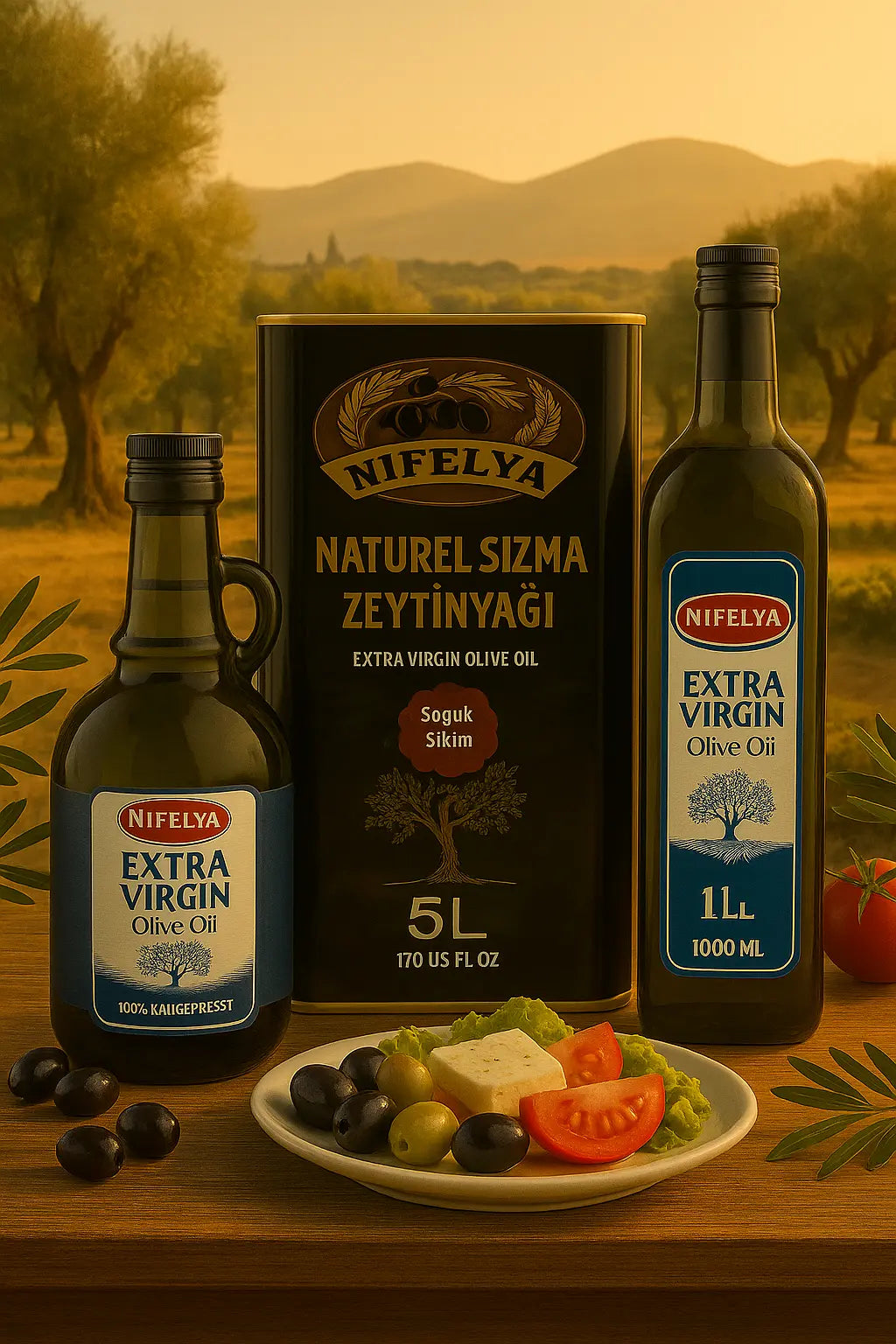 NIFELYA Extra Virgin Olivenöl Set mit 3 Flaschen und 5 l Kanister – serviert mit Tomaten, Oliven und Feta auf Holztisch vor Olivenhain bei Sonnenuntergang
