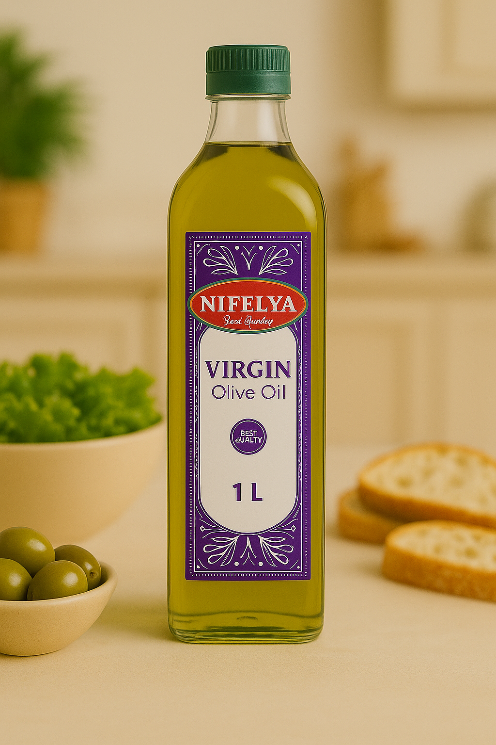 NIFELYA Virgin Olivenöl 1 Liter Flasche auf hellem Untergrund, hochwertig präsentiert mit frischen Oliven und Brot.