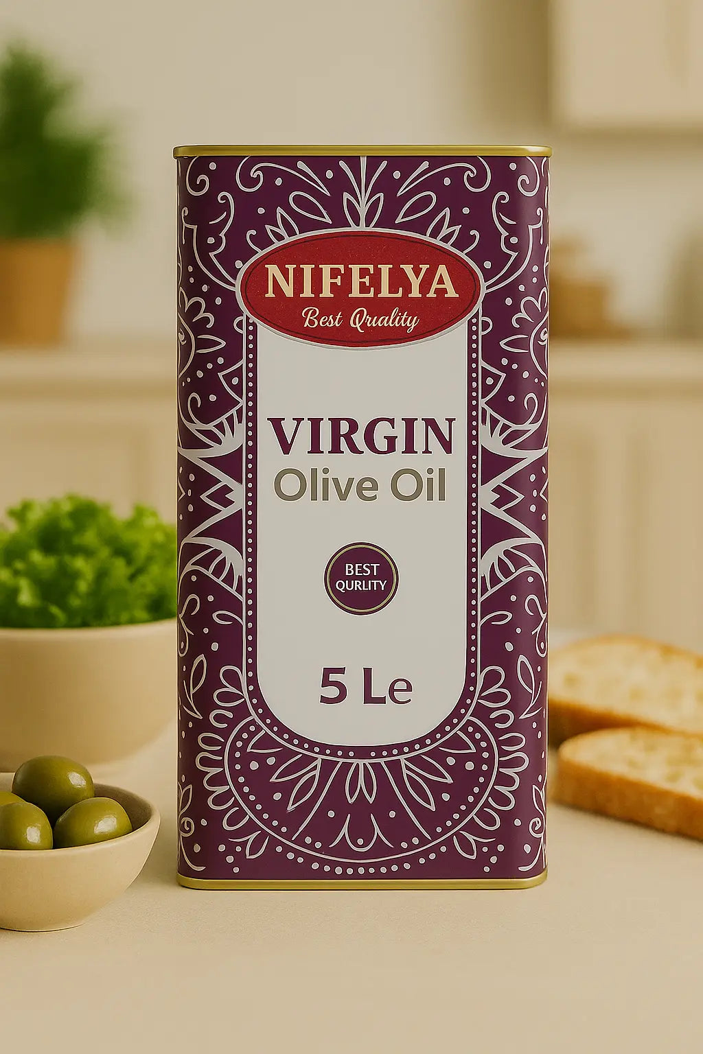 Nifelya Virgin Olivenöl 5 Liter – hochwertiges Olivenöl im dekorativen Metallkanister, arrangiert auf hellem Hintergrund mit frischen Oliven und Brot.
