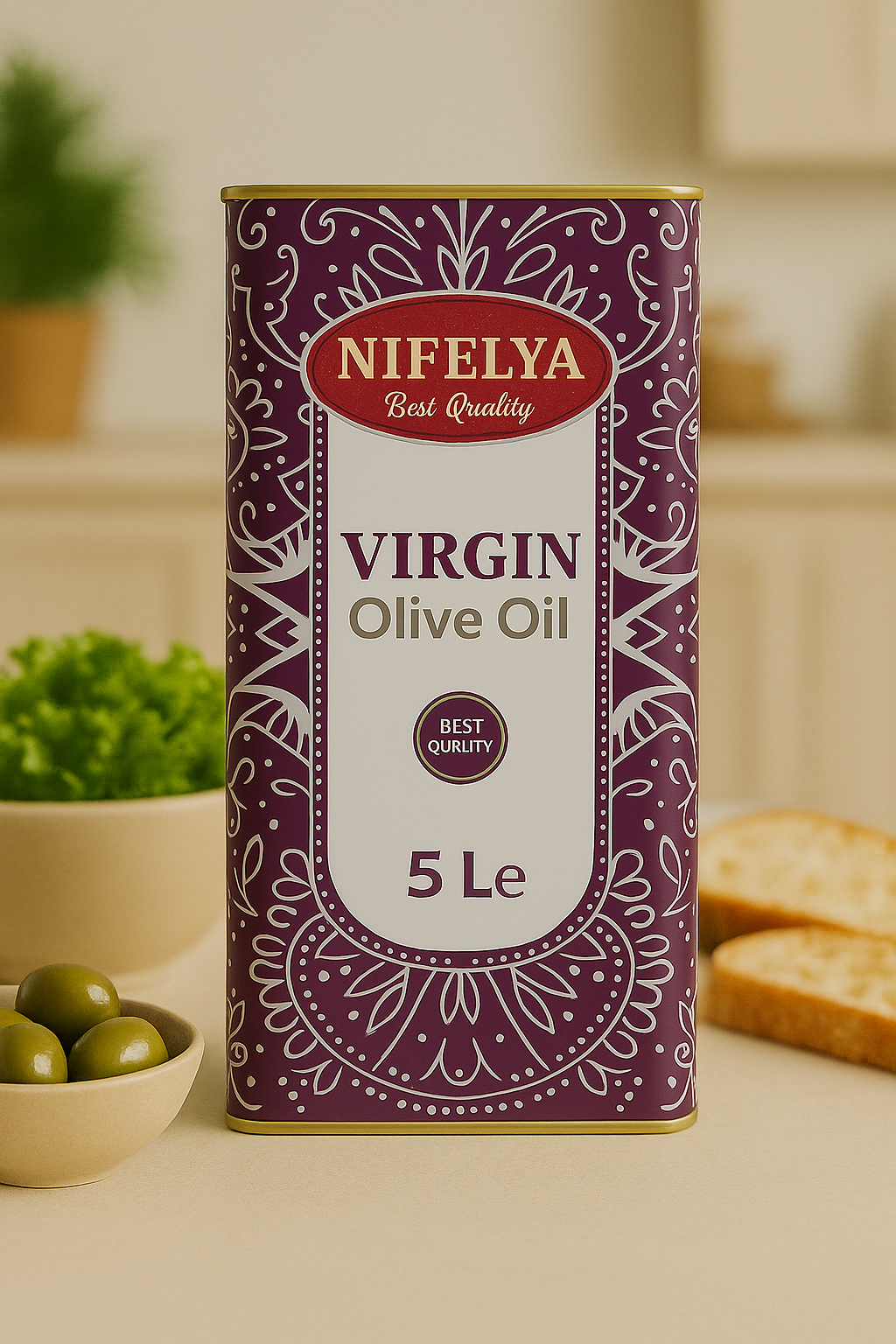 NIFELYA Virgin Olivenöl 5 Liter Kanister, stilvolle Produktpräsentation auf neutralem Hintergrund mit gesunden Zutaten im Vordergrund.