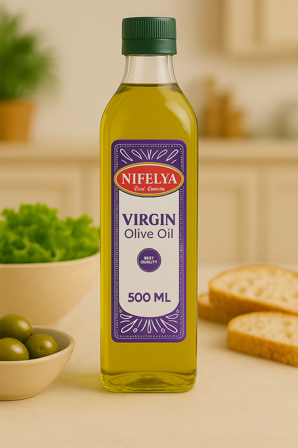NIFELYA Virgin Olivenöl 500 ml Flasche auf hellem Hintergrund, begleitet von frischen Oliven und Brot als natürliche Begleiter.
