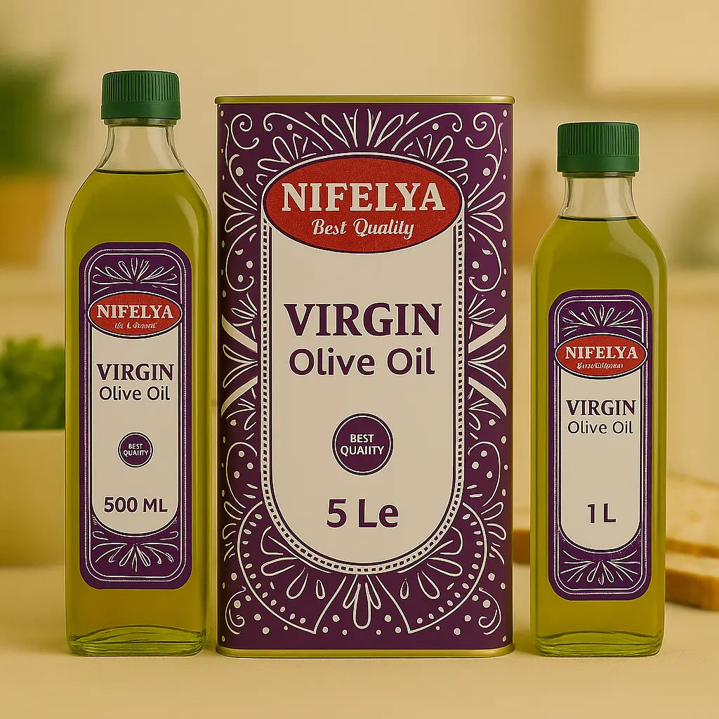 Nifelya Virgin Olivenöl Set mit 500 ml, 1 Liter und 5 Liter – präsentiert vor hellem Hintergrund für hochwertige Produktdarstellung.