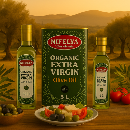 NIFELYA Bio Extra Virgin Olivenöl in 500 ml, 1 l und 5 l Verpackungen, präsentiert auf einem rustikalen Holztisch vor mediterraner Landschaft mit Olivenbäumen, frischem Salat, Oliven und Tomaten bei Sonnenuntergang