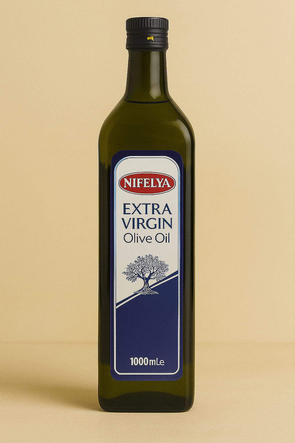 Nifelya Extra Virgin Olivenöl 1000 ml – kaltgepresstes, natives Olivenöl in hochwertiger Glasflasche auf beigem Hintergrund.