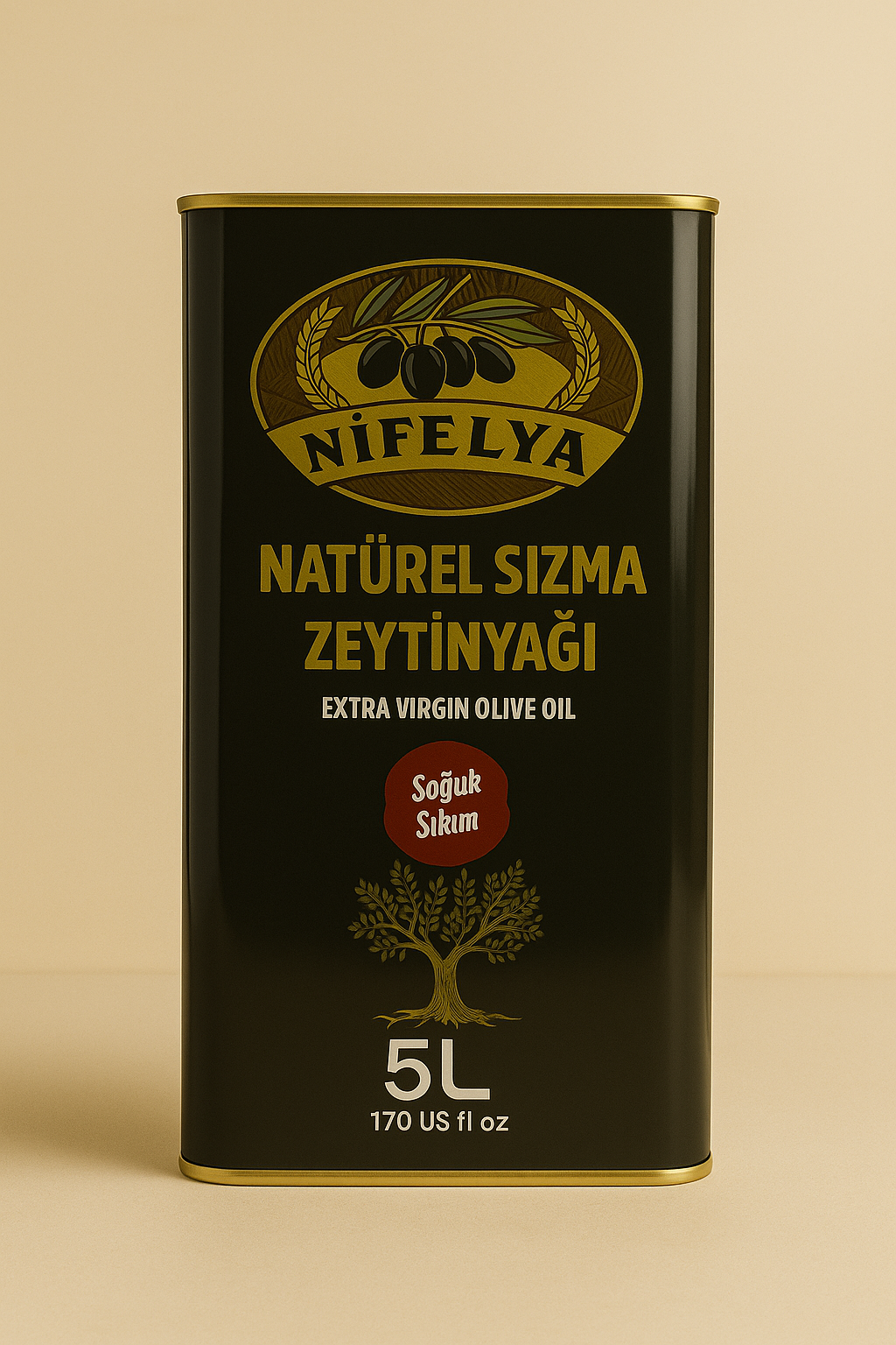 Nifelya Extra Virgin Olivenöl 5 L – kaltgepresstes natives Olivenöl aus der Türkei im schwarzen Metallkanister auf beigem Hintergrund.