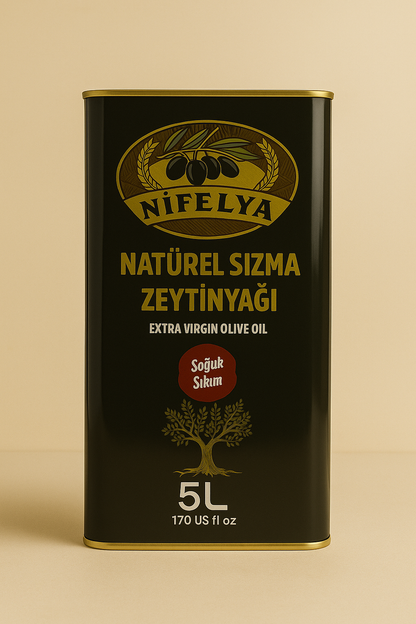 Nifelya Extra Virgin Olivenöl 5 L – kaltgepresstes natives Olivenöl aus der Türkei im schwarzen Metallkanister auf beigem Hintergrund.