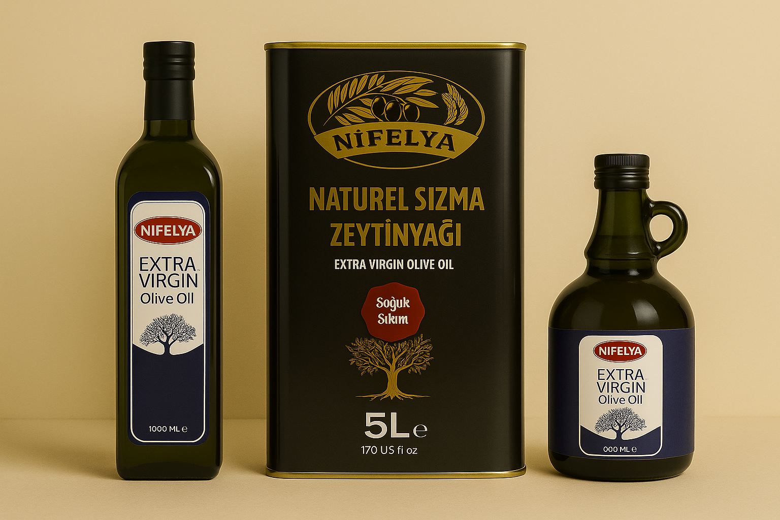 Produktset aus Nifelya Extra Virgin Olivenöl: 1-Liter-Flasche, 5-Liter-Kanister und bauchige 500-ml-Flasche auf beigem Hintergrund.