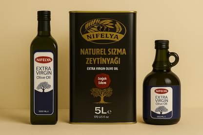 Produktset aus Nifelya Extra Virgin Olivenöl: 1-Liter-Flasche, 5-Liter-Kanister und bauchige 500-ml-Flasche auf beigem Hintergrund.