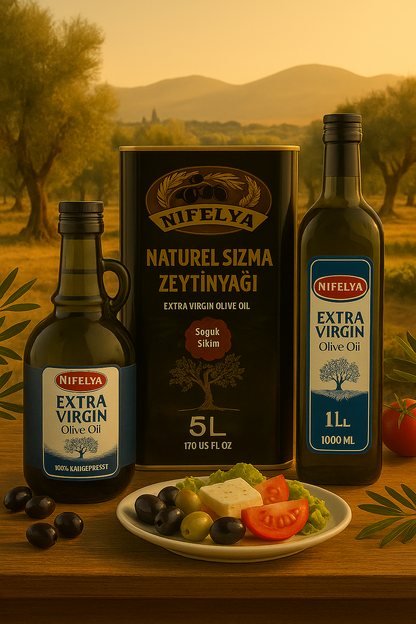 Drei Flaschen und Kanister Nifelya natives Olivenöl extra auf einem Holztisch mit Tomaten, Oliven und Feta, im Hintergrund ein Olivenhain bei Sonnenuntergang.
